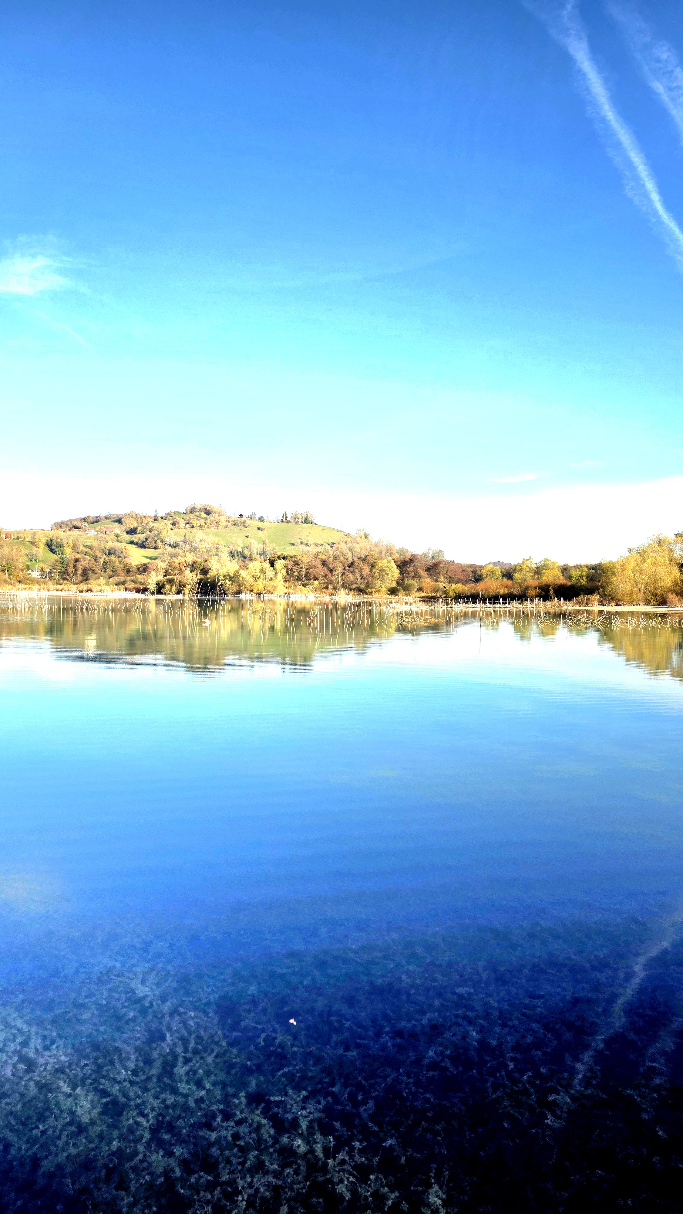Vue portrait du Lac de Paladru en automne - cadre naturel calme et préservé pour séjour ressourcement, Isère